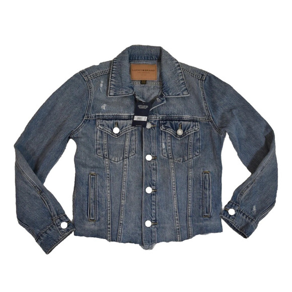 NWT Lucky Brand Denim Jacket Womens Size XS Raw Hem Tailored Medium Wash - Picture 1 of 3